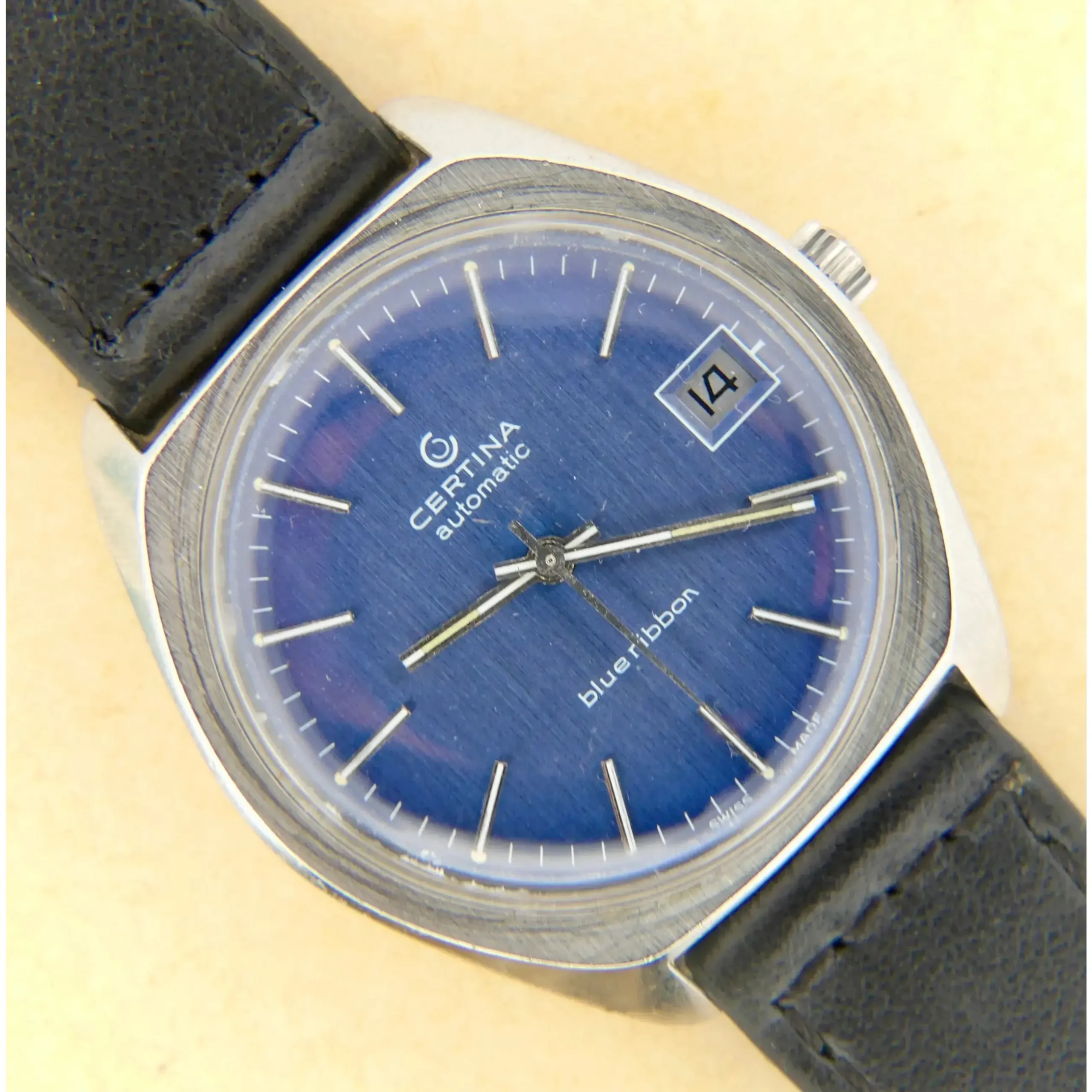 1976 certina blue ribbon automatic for volvo wrist watch blue 752 scaled 1