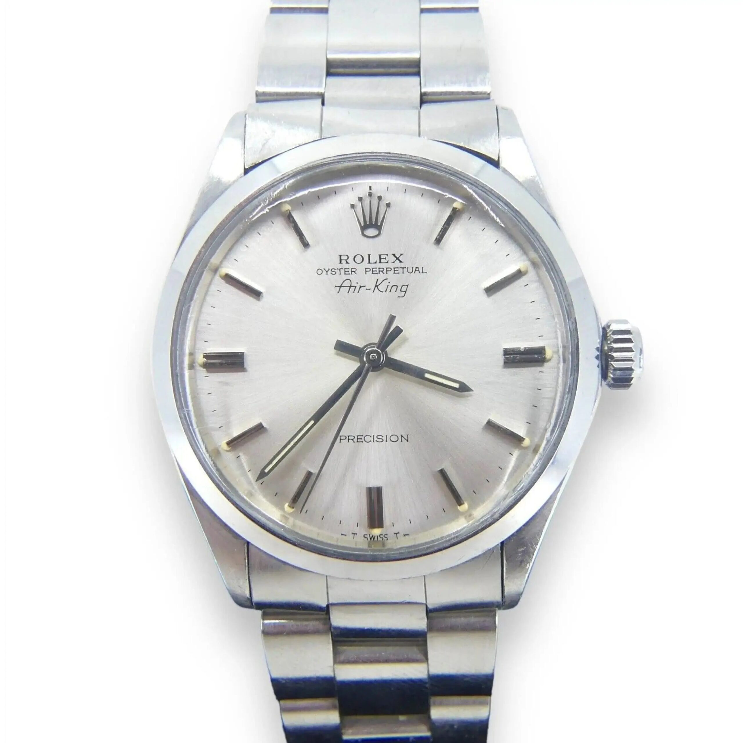 A Rolex Air King Precision 5500 mens watch featuring a silver dial with metal link band, white face, and silver hour markers and hands. Rolex Oyster Perpetual Air-King and Precision are visible on the dial, with a crown positioned on the right side.
